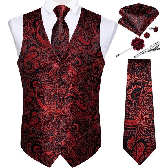 Mens Vest and Tie Set - Black Red Floral